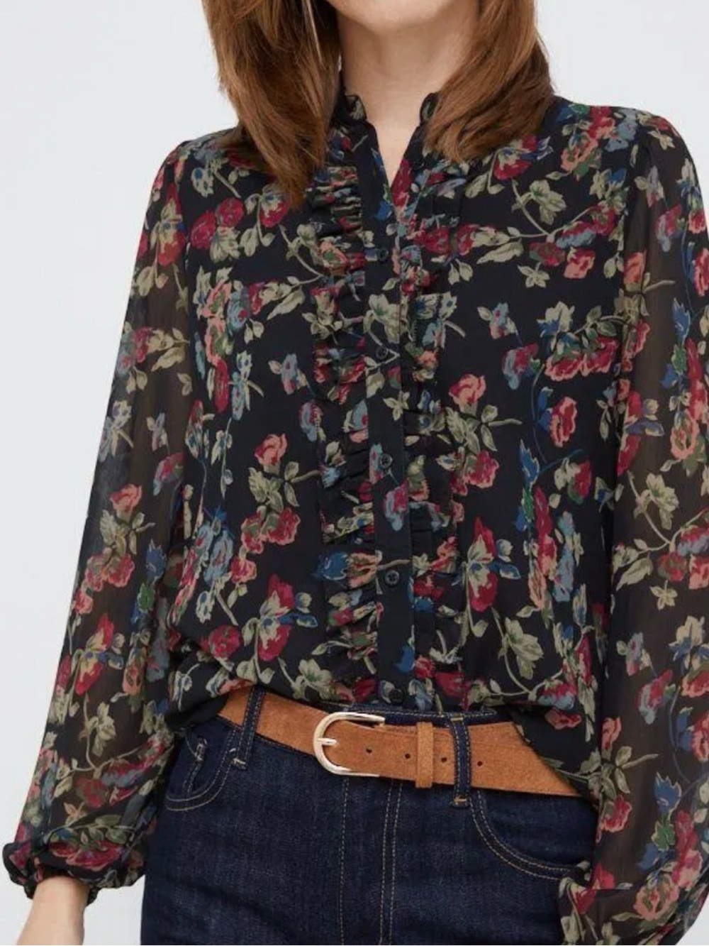 Ralph Lauren Floral Ruffle Button-Front Blouse Black Multi Size M